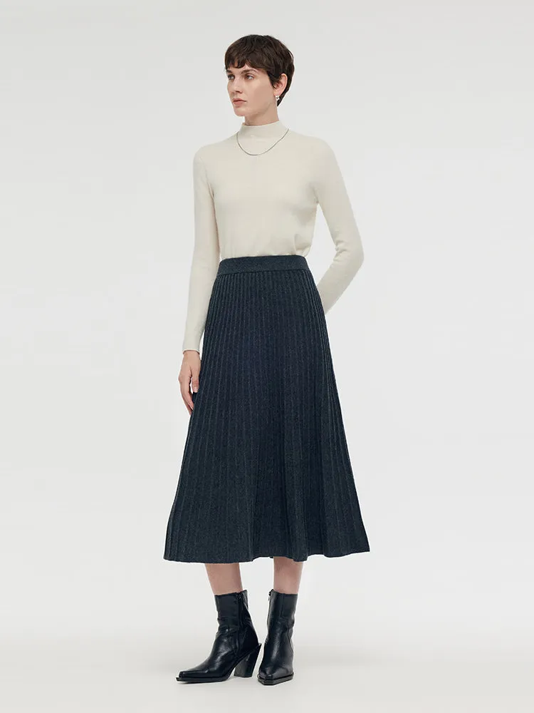 100% Wool A-Line Pleated Women Midi Skirt