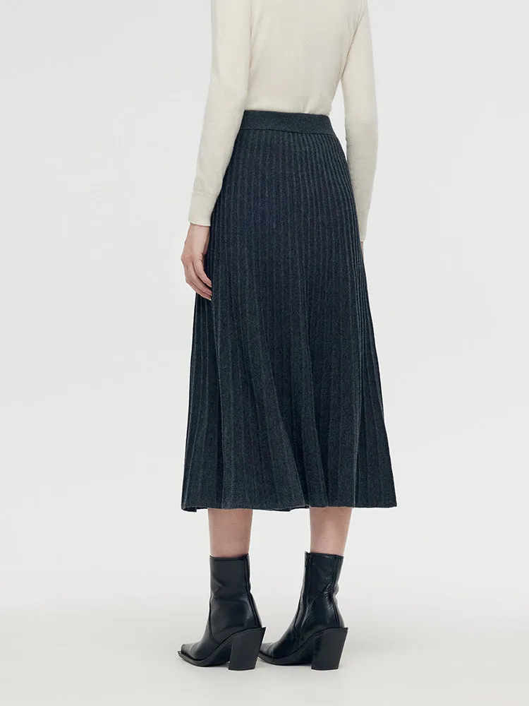100% Wool A-Line Pleated Women Midi Skirt