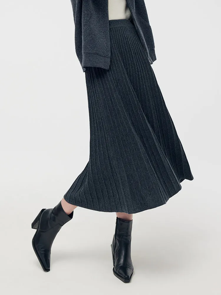 100% Wool A-Line Pleated Women Midi Skirt