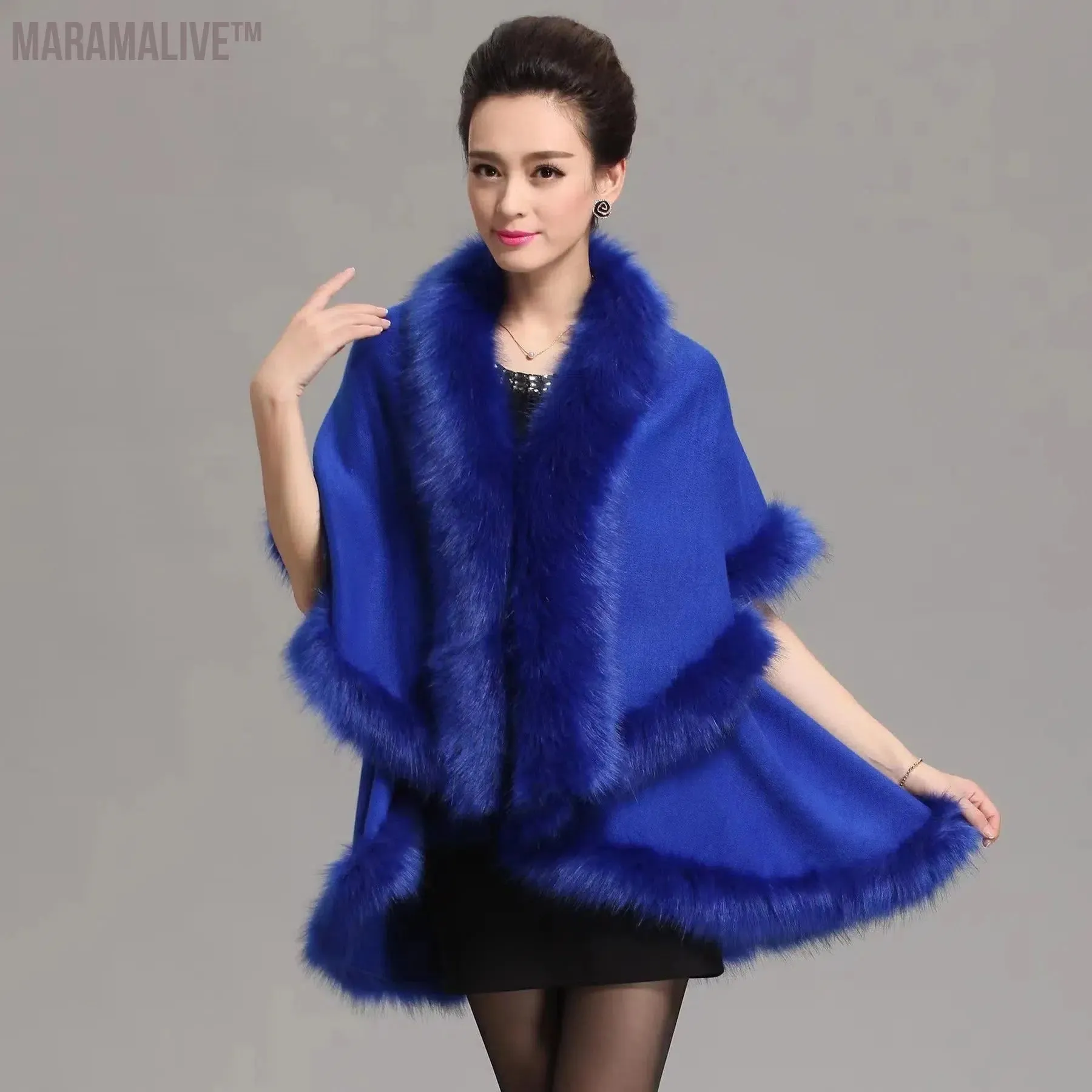 12 Colors Women Faux Fox Fur Collar Oversize Coat Winter Warm Long Knitted 2 Layers Poncho Cape Cashmere Loose Shawl Streetwear