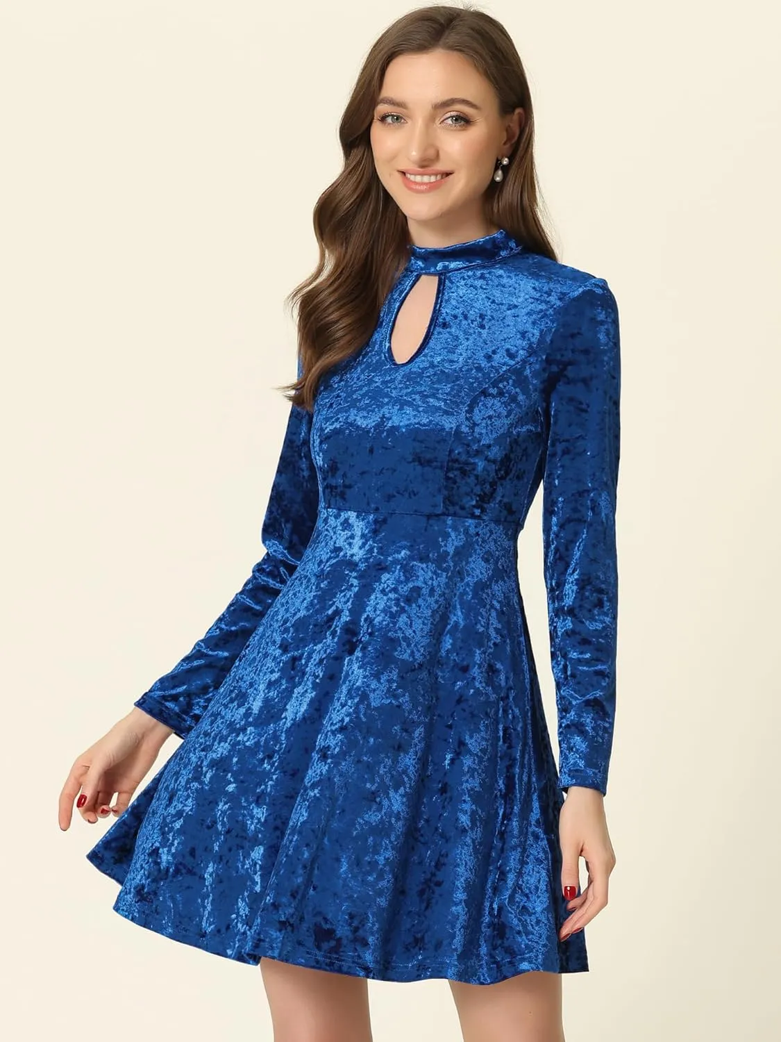 Allegra K Women's Keyhole Neck Dresses High Waist Long Sleeve Christmas Velvet Swing Mini Dress