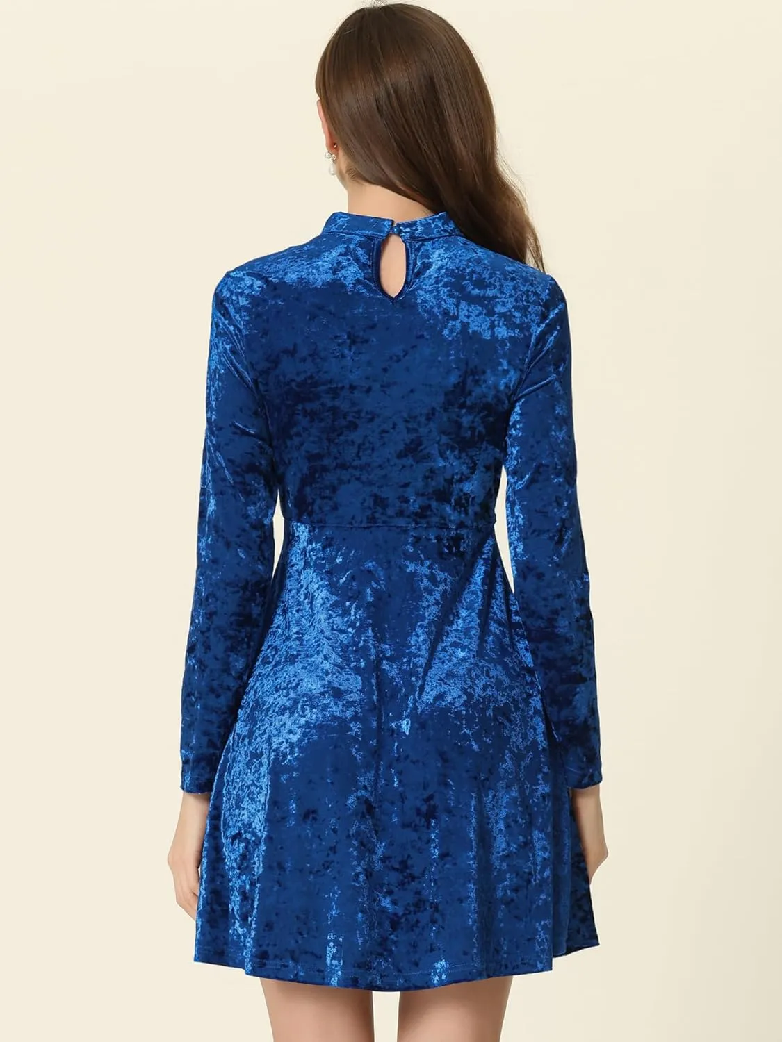 Allegra K Women's Keyhole Neck Dresses High Waist Long Sleeve Christmas Velvet Swing Mini Dress