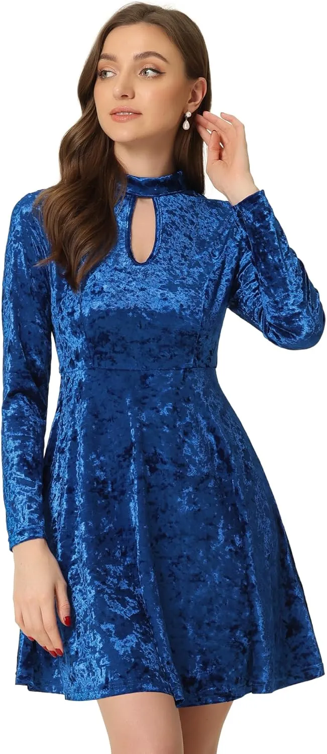 Allegra K Women's Keyhole Neck Dresses High Waist Long Sleeve Christmas Velvet Swing Mini Dress