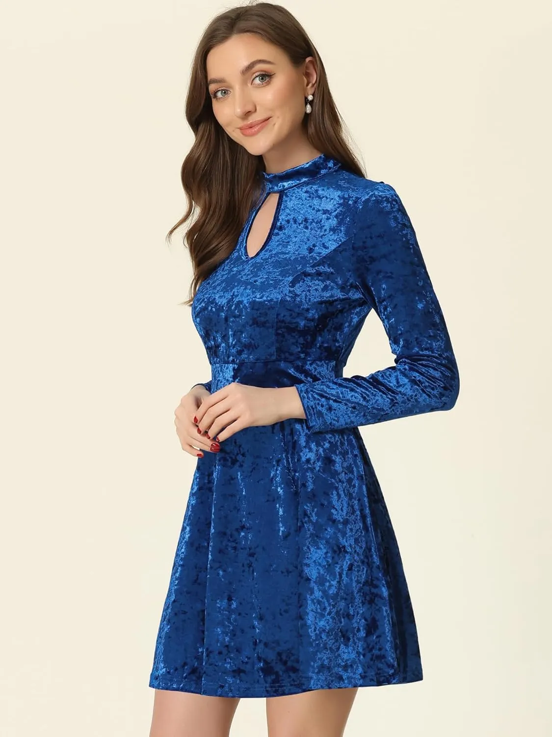 Allegra K Women's Keyhole Neck Dresses High Waist Long Sleeve Christmas Velvet Swing Mini Dress