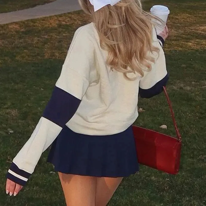 American Preppy Style Round Neck Long Sleeve Woolen fashionable tops