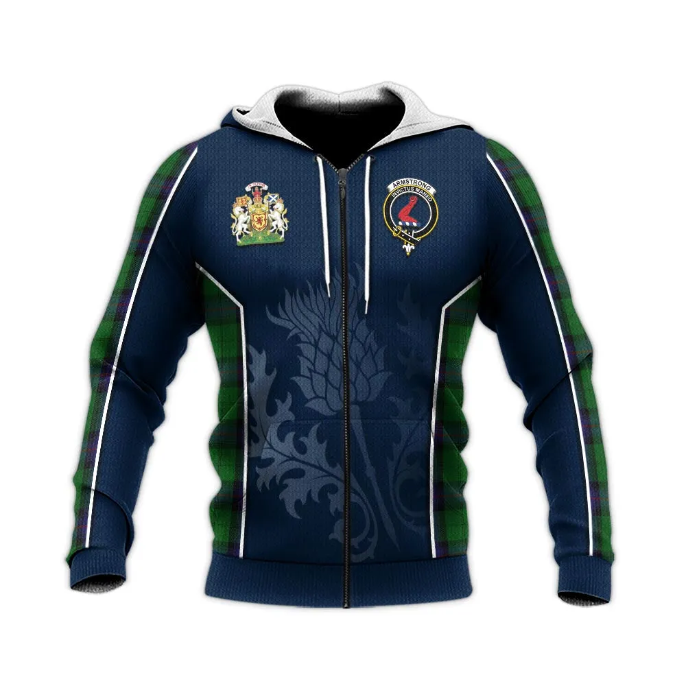 Armstrong Tartan Knitted Hoodie with Family Crest and Scottish Thistle Vibes Sport Style