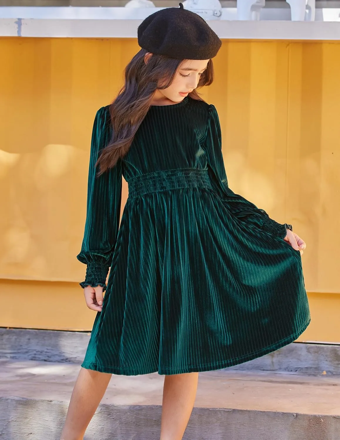 Arshiner Girls Long Sleeve Dress Velvet Crew Neck Midi Fall Vintage Plain Dress for Kids 4-13Y