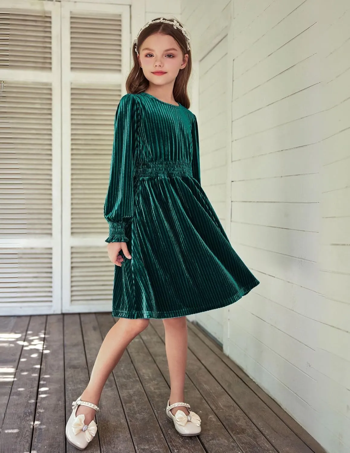 Arshiner Girls Long Sleeve Dress Velvet Crew Neck Midi Fall Vintage Plain Dress for Kids 4-13Y