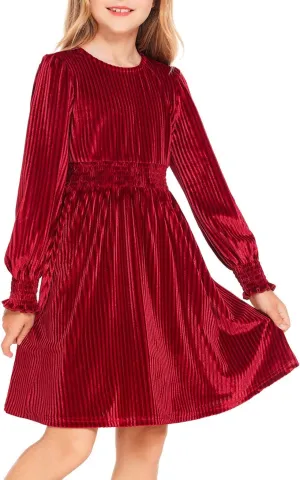 Arshiner Girls Long Sleeve Dress Velvet Crew Neck Midi Fall Vintage Plain Dress for Kids 4-13Y