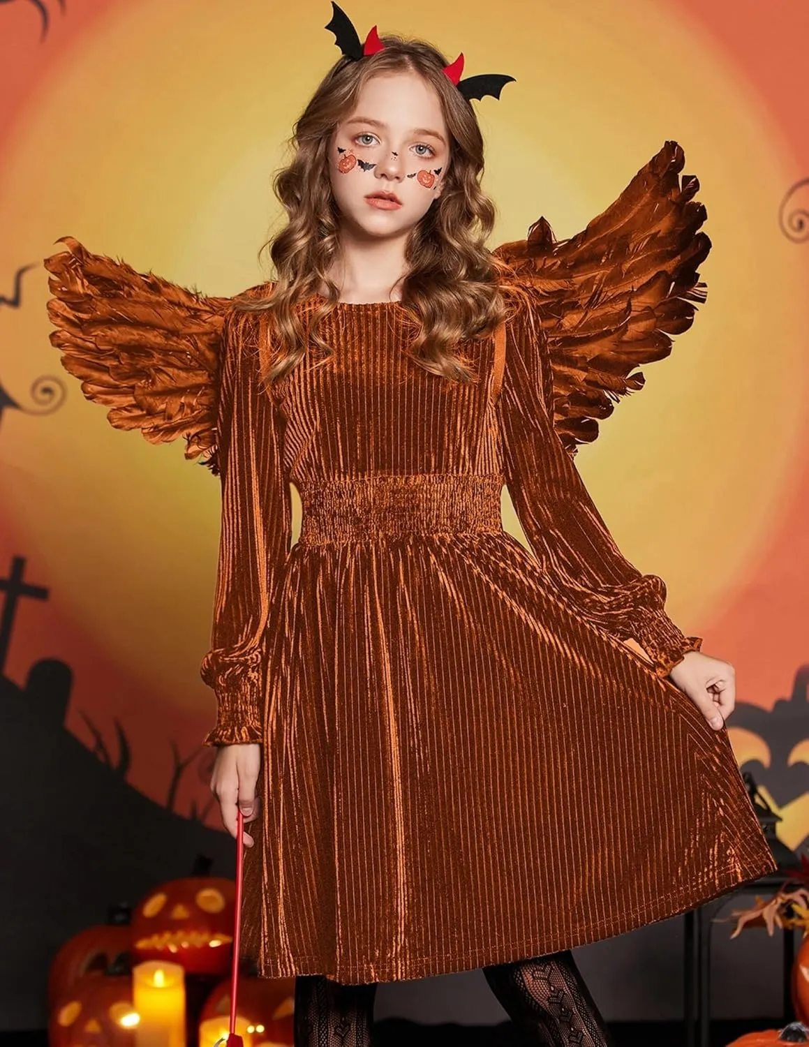 Arshiner Girls Long Sleeve Dress Velvet Crew Neck Midi Fall Vintage Plain Dress for Kids 4-13Y