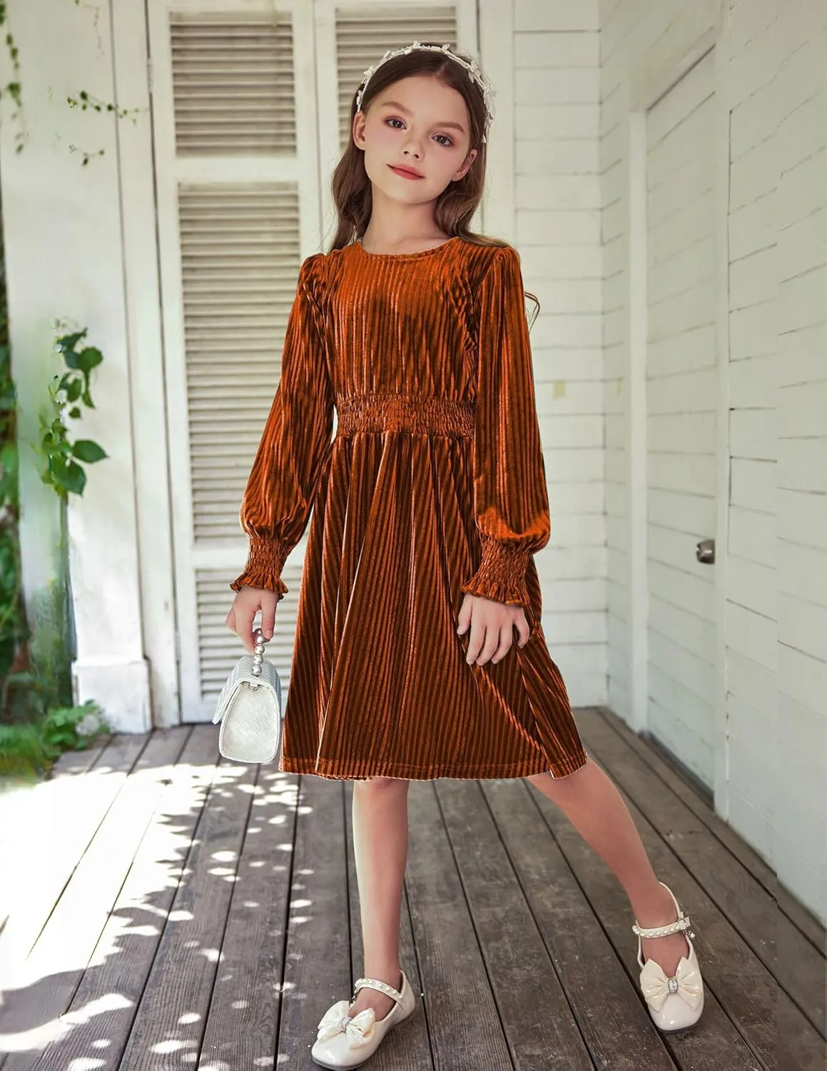 Arshiner Girls Long Sleeve Dress Velvet Crew Neck Midi Fall Vintage Plain Dress for Kids 4-13Y