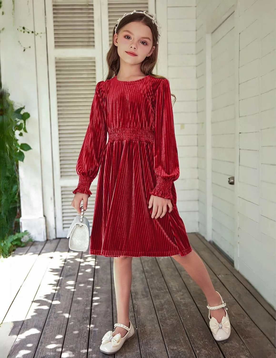 Arshiner Girls Long Sleeve Dress Velvet Crew Neck Midi Fall Vintage Plain Dress for Kids 4-13Y