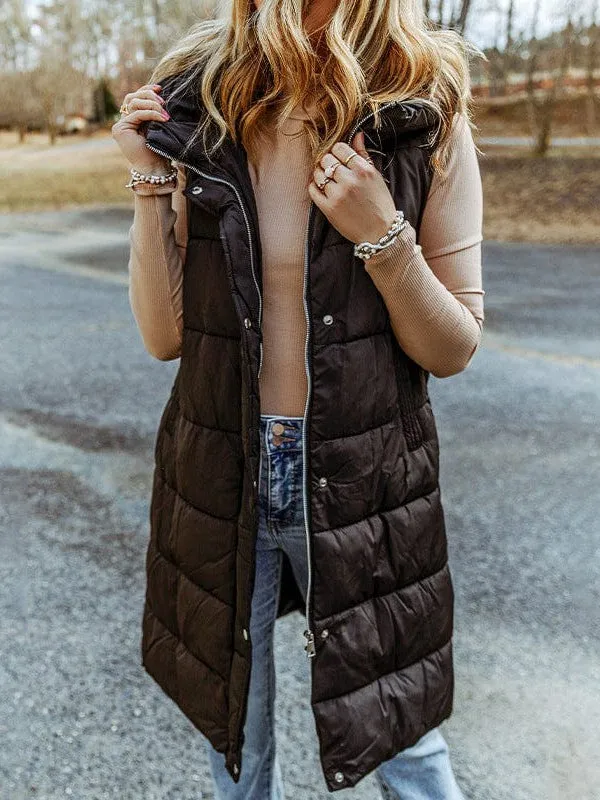 Black Hooded Puffer Vest - Longline