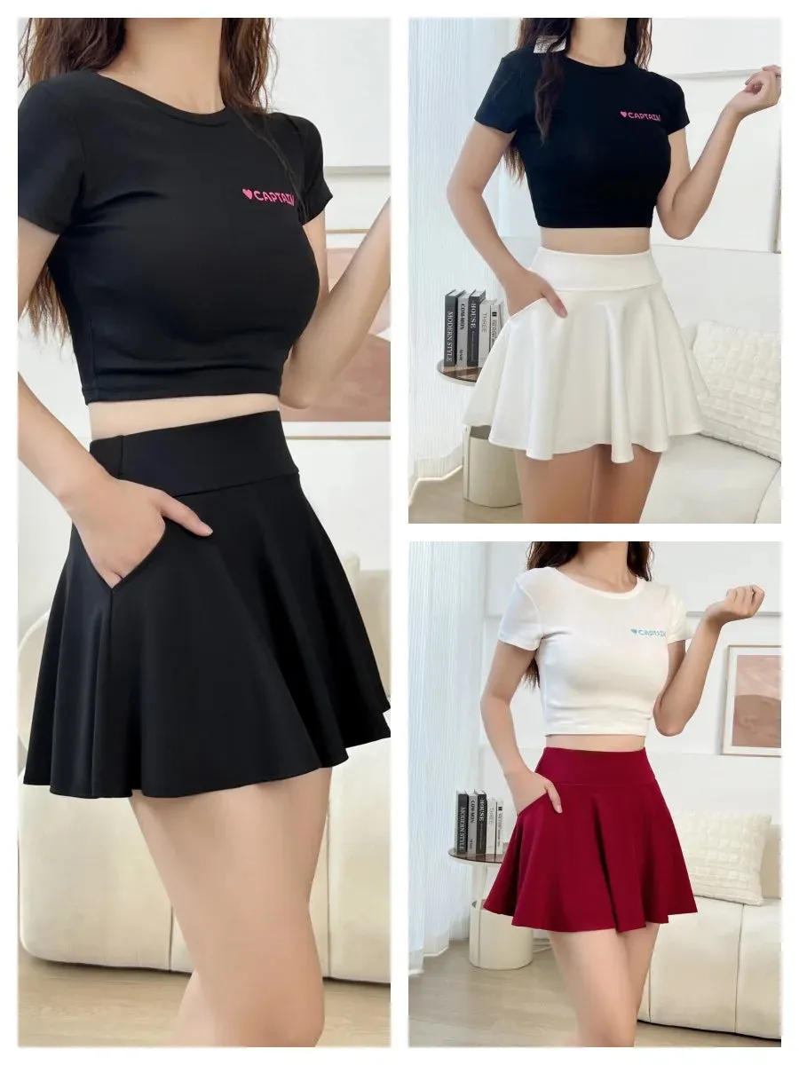 Bonnyshow   Summer Women Basic Skirt Function Pocket Skirts Lined Shorts Female Style Dancer Uniform Mini Elastic Pleated Skirt Plus Size