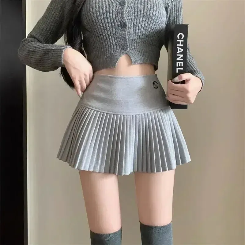 Bonnyshow  Woolen Pleated Skirt Women Korean Cute Sexy High Waist A-line coquette Extreme Mini Skirt Autumn Winter Vintage School