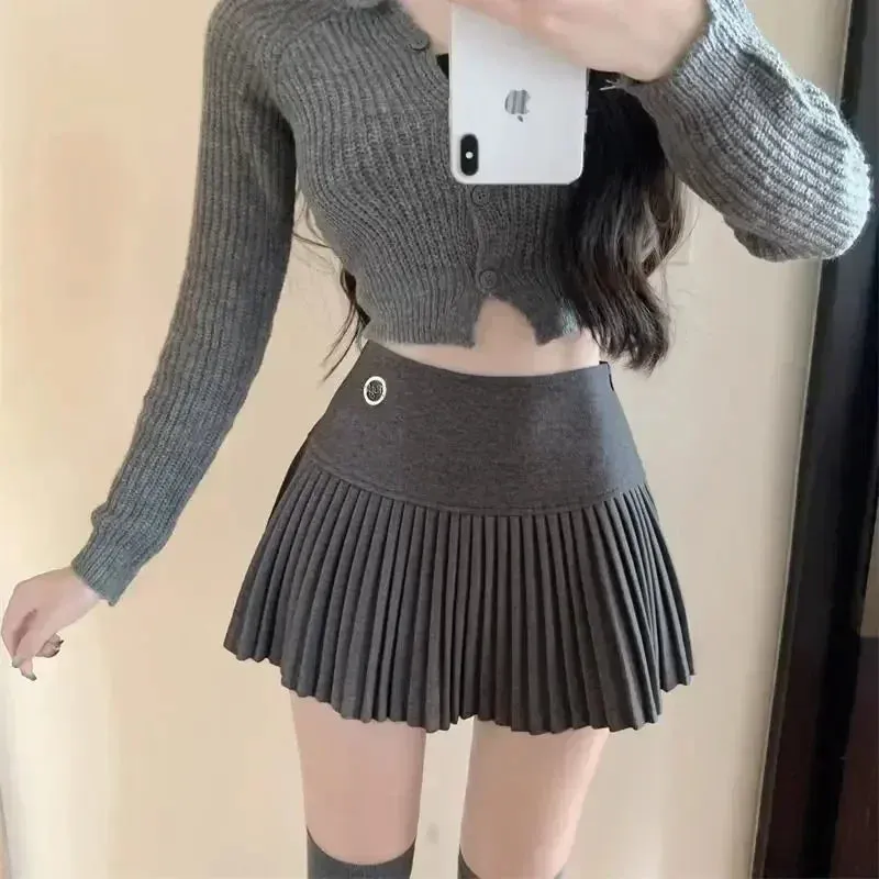 Bonnyshow  Woolen Pleated Skirt Women Korean Cute Sexy High Waist A-line coquette Extreme Mini Skirt Autumn Winter Vintage School