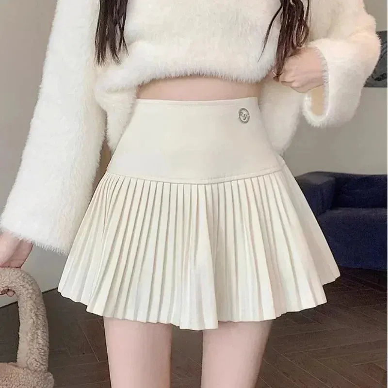Bonnyshow  Woolen Pleated Skirt Women Korean Cute Sexy High Waist A-line coquette Extreme Mini Skirt Autumn Winter Vintage School