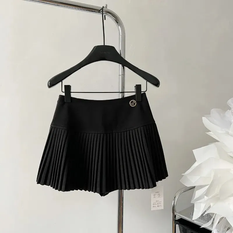 Bonnyshow Women's Woolen Pleated Short Skirt Autumn Winter American Korea Style Cheerleading Girl Straight A-line High Waist Mini Skirt
