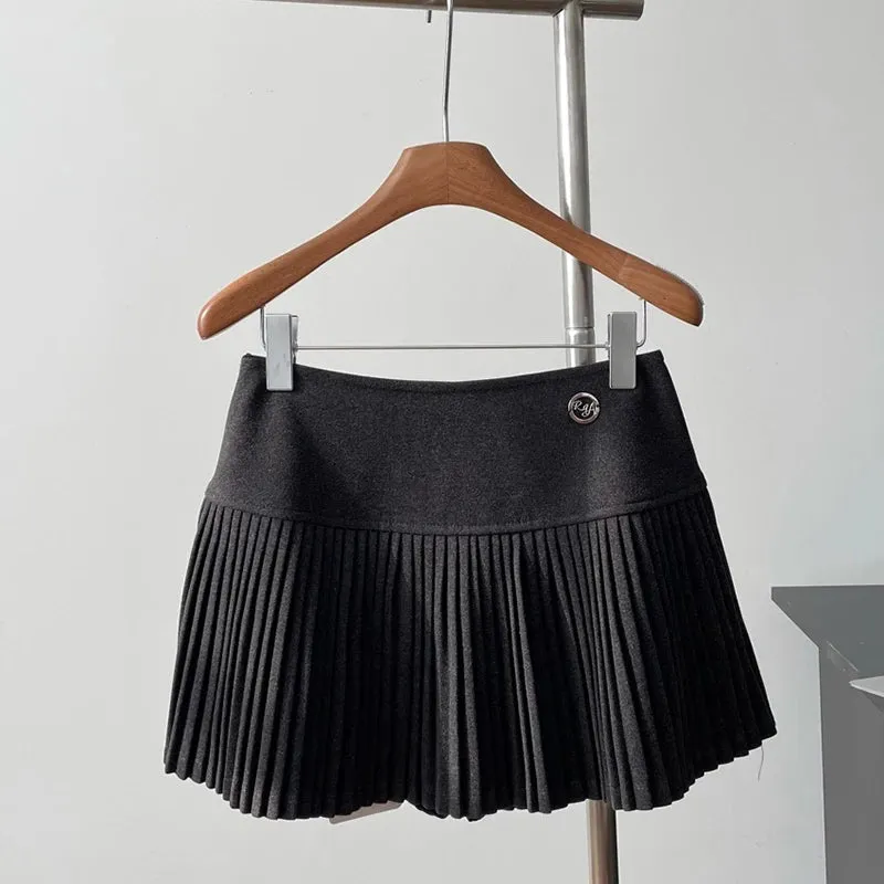 Bonnyshow Women's Woolen Pleated Short Skirt Autumn Winter American Korea Style Cheerleading Girl Straight A-line High Waist Mini Skirt