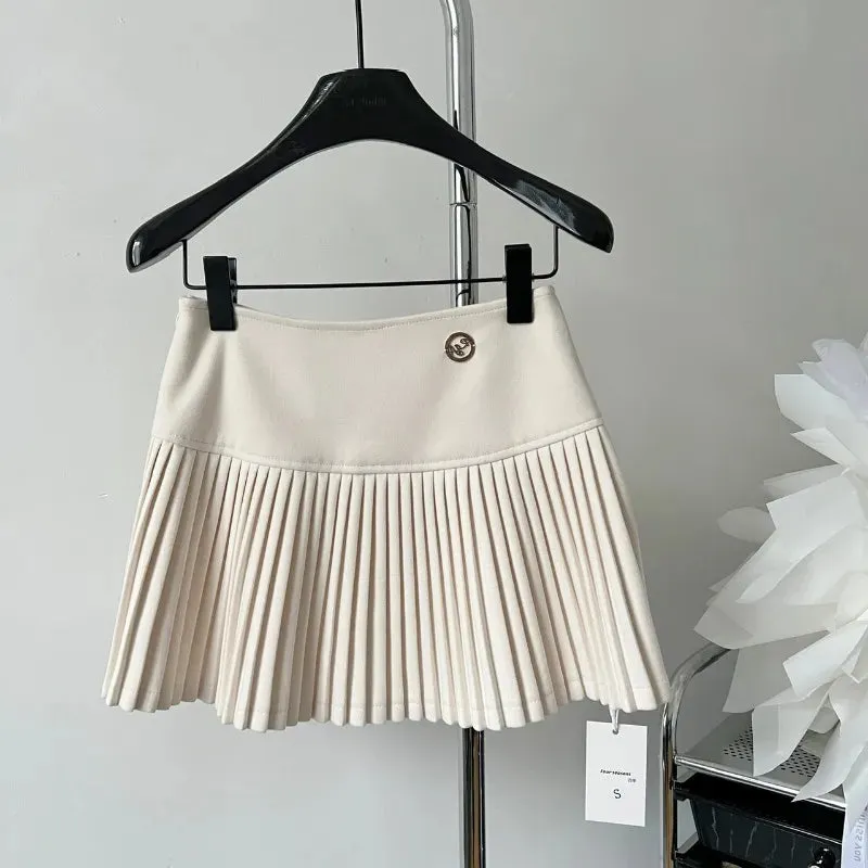 Bonnyshow Women's Woolen Pleated Short Skirt Autumn Winter American Korea Style Cheerleading Girl Straight A-line High Waist Mini Skirt