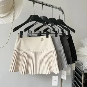 Bonnyshow Women's Woolen Pleated Short Skirt Autumn Winter American Korea Style Cheerleading Girl Straight A-line High Waist Mini Skirt