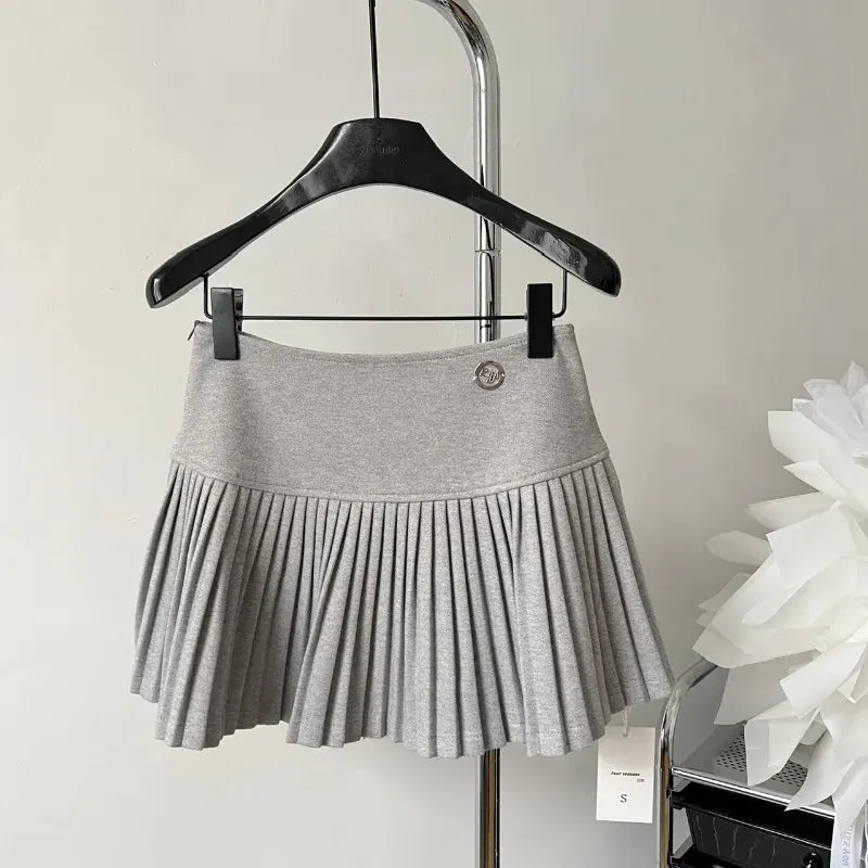 Bonnyshow Women's Woolen Pleated Short Skirt Autumn Winter American Korea Style Cheerleading Girl Straight A-line High Waist Mini Skirt