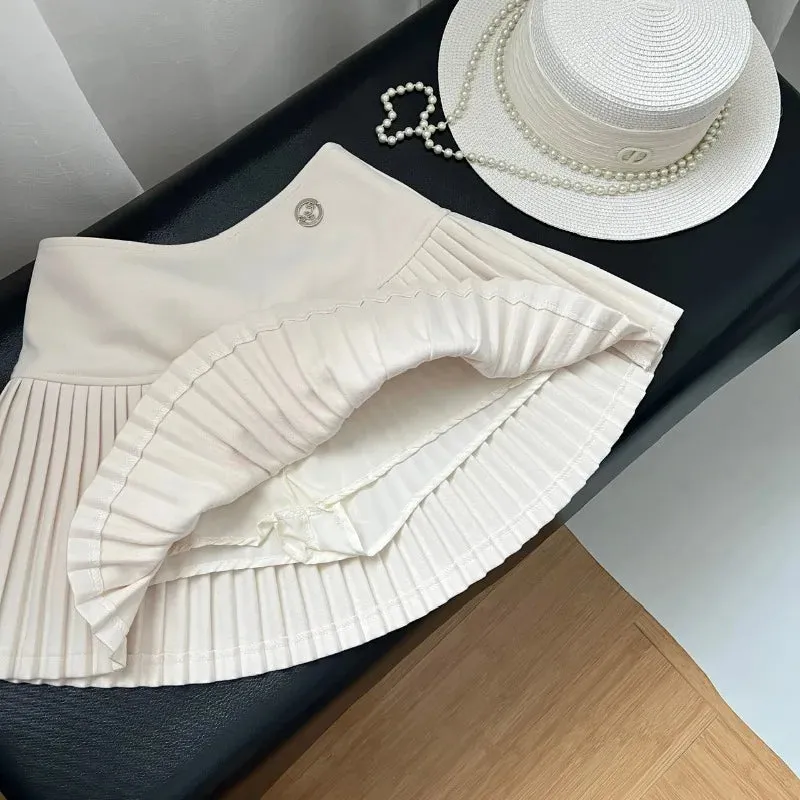 Bonnyshow Women's Woolen Pleated Short Skirt Autumn Winter American Korea Style Cheerleading Girl Straight A-line High Waist Mini Skirt