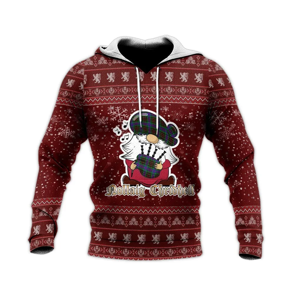 Brodie Hunting Modern Clan Christmas Knitted Hoodie with Funny Gnome Playing Bagpipes