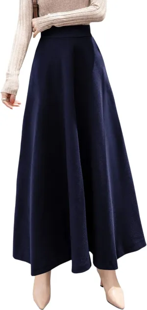 chouyatou Women's Fall Winter A-Line Swing Pleated Long Maxi Wool Skater Skirt