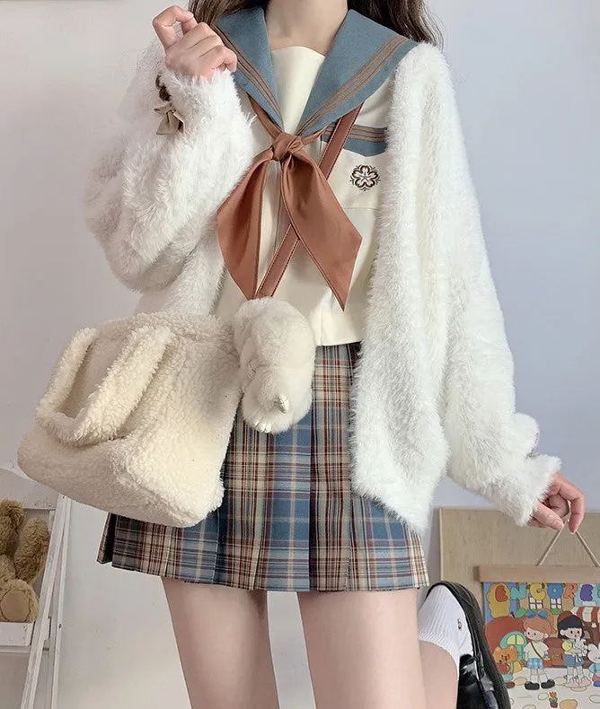 Cookie Brown Bow Long Sleeve White Soft Mohair Knitted Cardigan