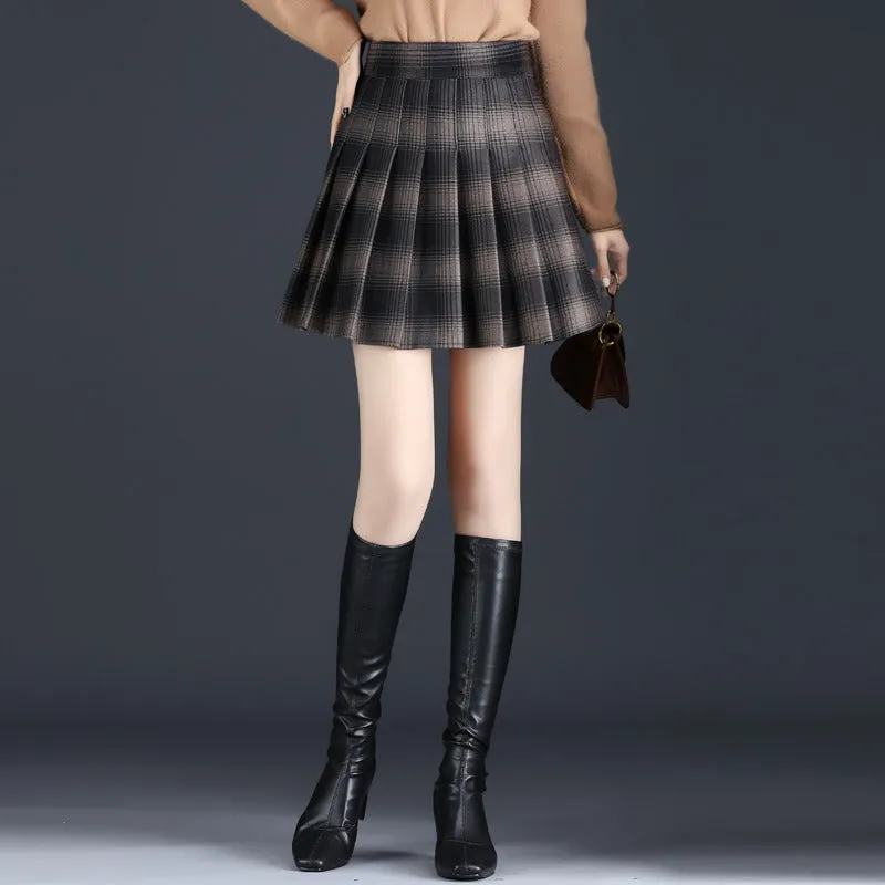 Dark woolen pleated skirt high waist slim fit a-line skirt college style for girls plus size dress