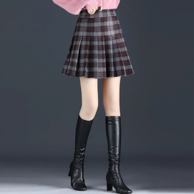 Dark woolen pleated skirt high waist slim fit a-line skirt college style for girls plus size dress