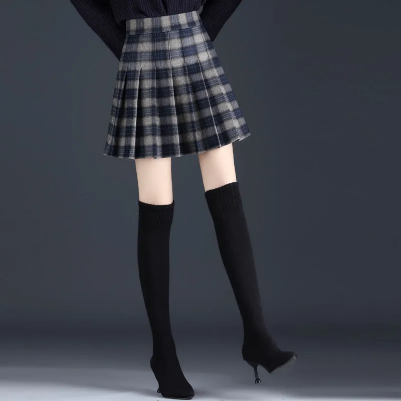 Dark woolen pleated skirt high waist slim fit a-line skirt college style for girls plus size dress