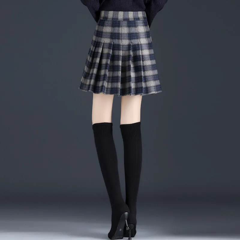 Dark woolen pleated skirt high waist slim fit a-line skirt college style for girls plus size dress