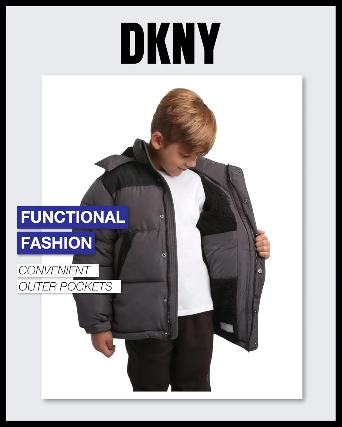 DKNY Boys' Puffer Jacket - Heavyweight Sherpa Fur Lined Hooded Winter Coat - Water Resistant Bubble Jackets for Boys (8-20)