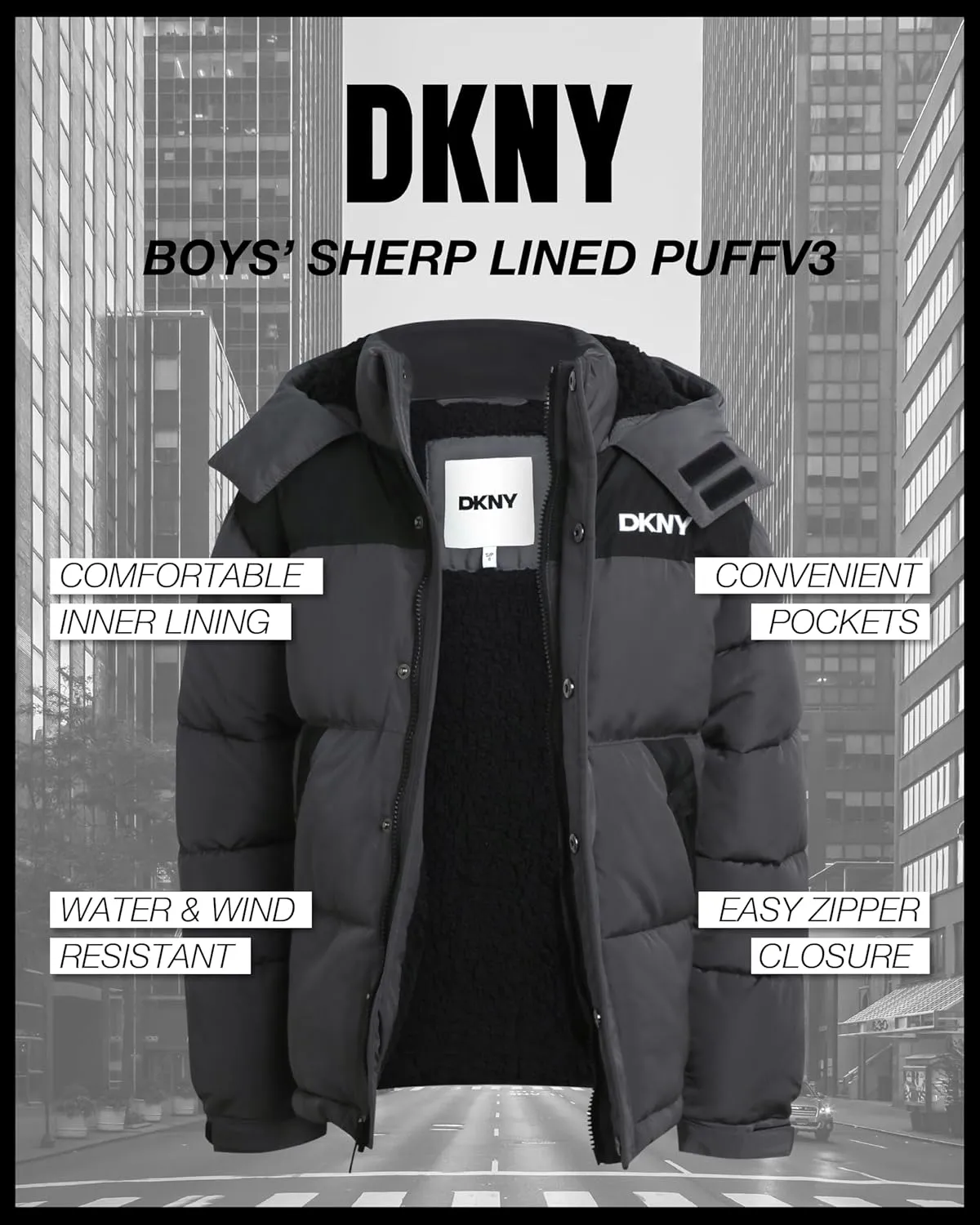 DKNY Boys' Puffer Jacket - Heavyweight Sherpa Fur Lined Hooded Winter Coat - Water Resistant Bubble Jackets for Boys (8-20)