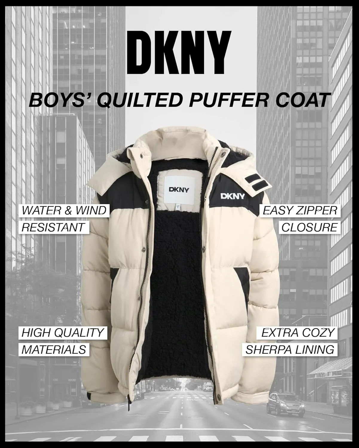 DKNY Boys' Puffer Jacket - Heavyweight Sherpa Fur Lined Hooded Winter Coat - Water Resistant Bubble Jackets for Boys (8-20)