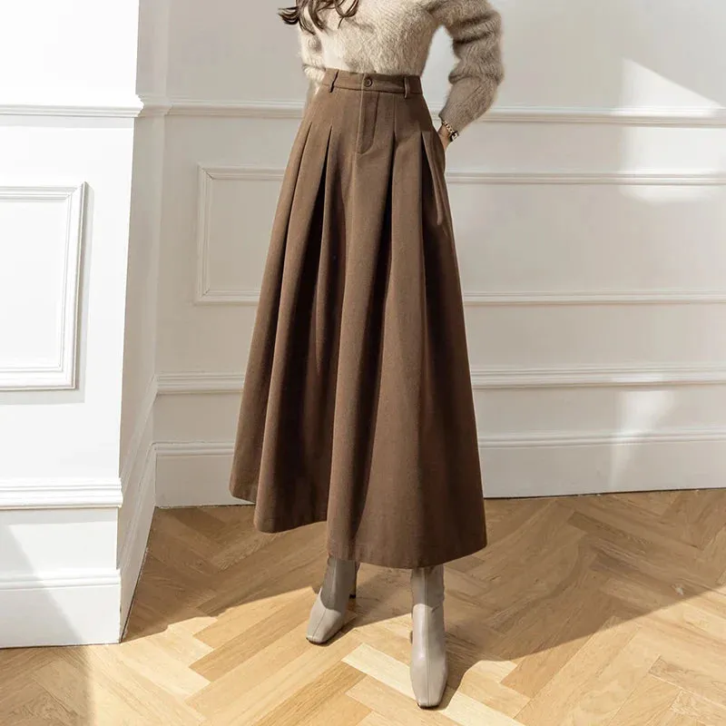 FashionSierra - 2024 New Winter Woolen Long Womens Fashion High Waist Ball Gown Pleated Korean Style Ladies Wool Skirt