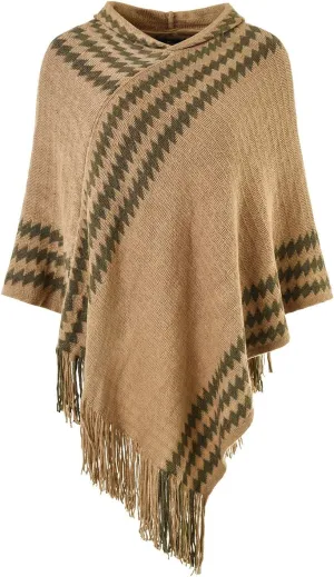 Ferand Women's Cozy Zigzag Poncho Sweater Lightweight Fringe Cape Cloak with Hood