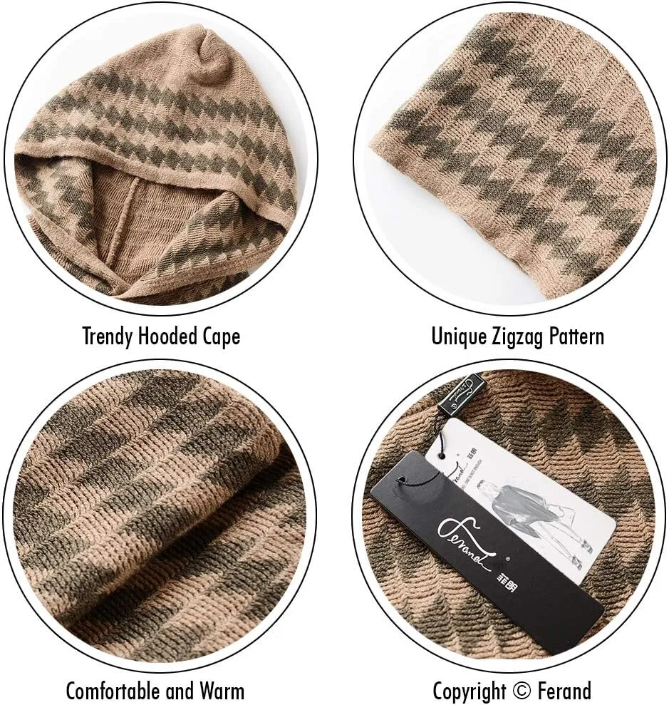 Ferand Women's Cozy Zigzag Poncho Sweater Lightweight Fringe Cape Cloak with Hood