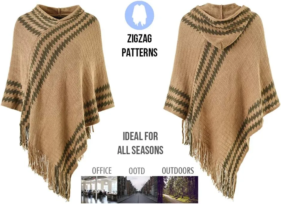 Ferand Women's Cozy Zigzag Poncho Sweater Lightweight Fringe Cape Cloak with Hood
