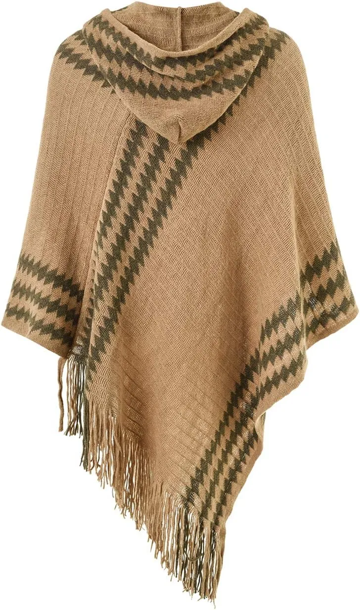 Ferand Women's Cozy Zigzag Poncho Sweater Lightweight Fringe Cape Cloak with Hood