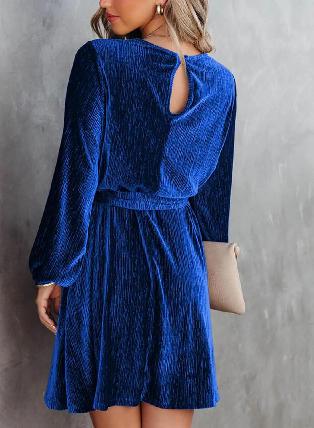 Happy Sailed Women's Velvet Cocktail Dress Spring Fashion Lantern Sleeve High Waist A-Line Skater Party Dresses with Belt