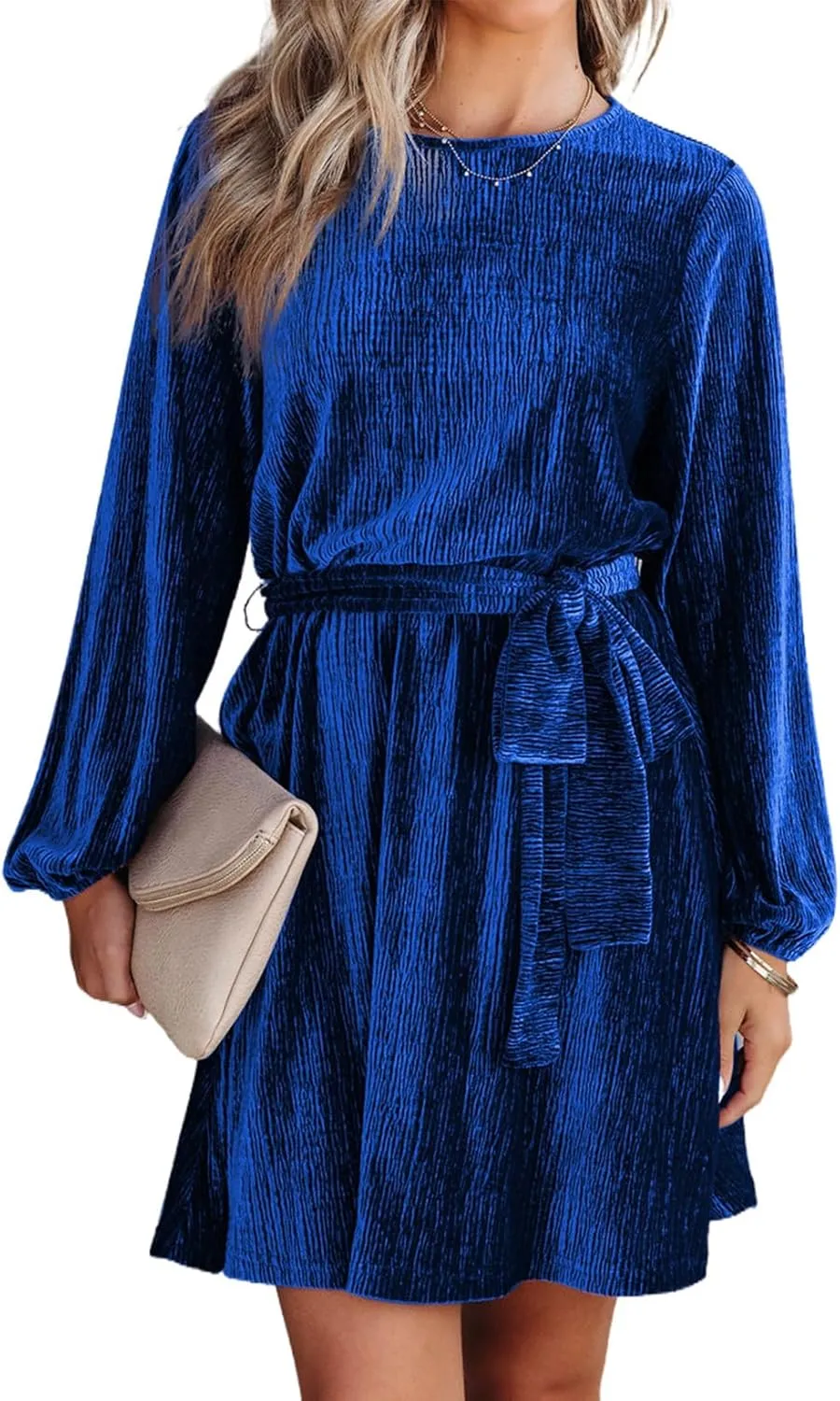 Happy Sailed Women's Velvet Cocktail Dress Spring Fashion Lantern Sleeve High Waist A-Line Skater Party Dresses with Belt