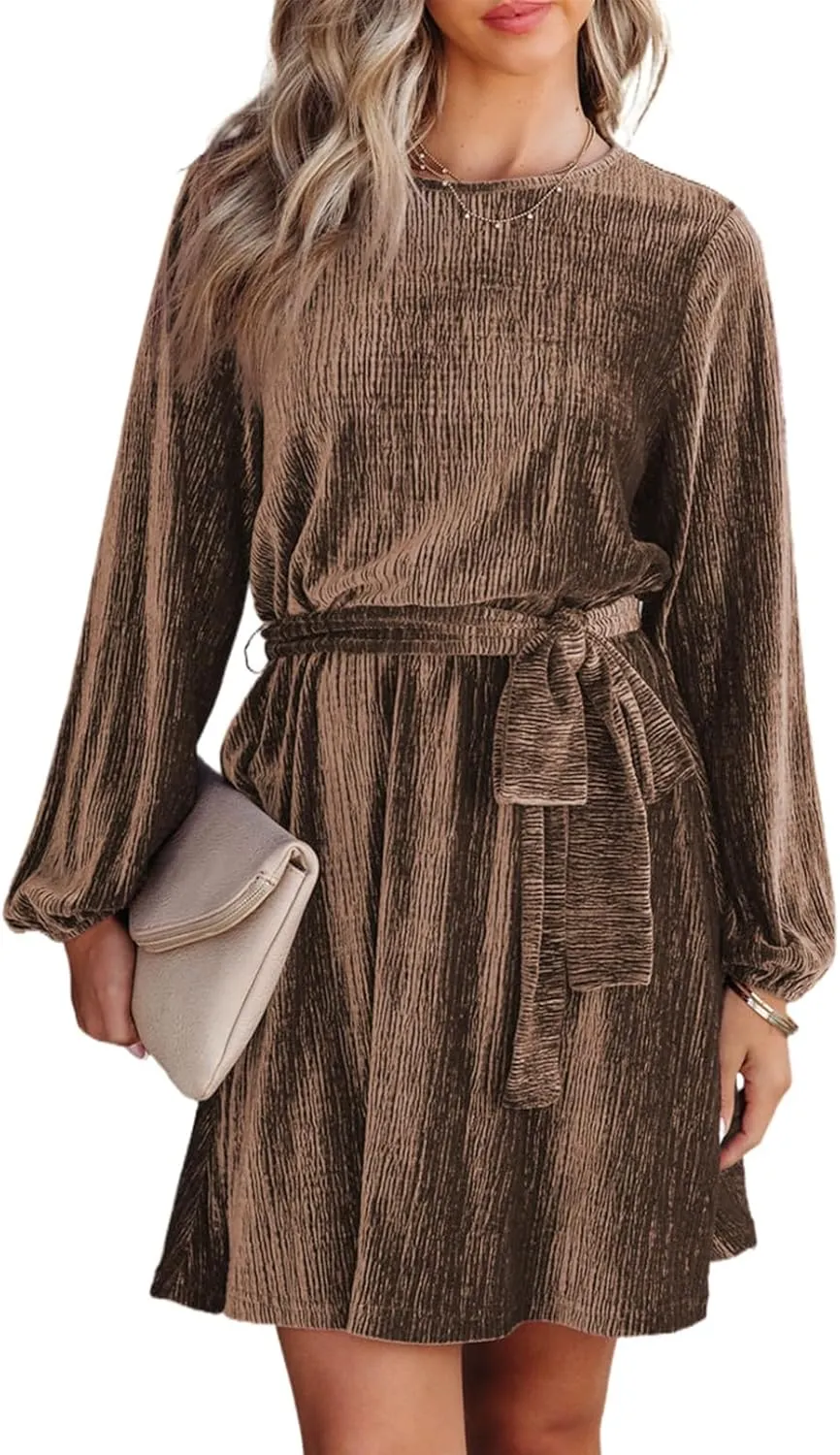 Happy Sailed Women's Velvet Cocktail Dress Spring Fashion Lantern Sleeve High Waist A-Line Skater Party Dresses with Belt