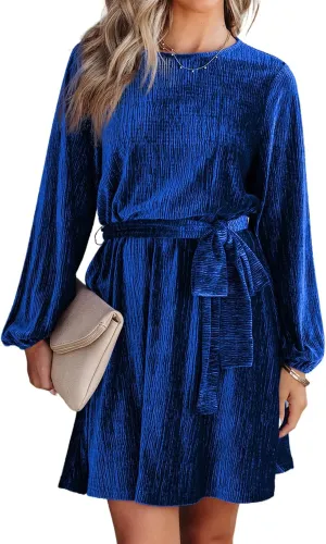 Happy Sailed Women's Velvet Cocktail Dress Spring Fashion Lantern Sleeve High Waist A-Line Skater Party Dresses with Belt
