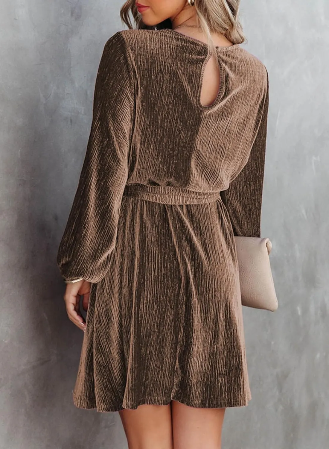 Happy Sailed Women's Velvet Cocktail Dress Spring Fashion Lantern Sleeve High Waist A-Line Skater Party Dresses with Belt