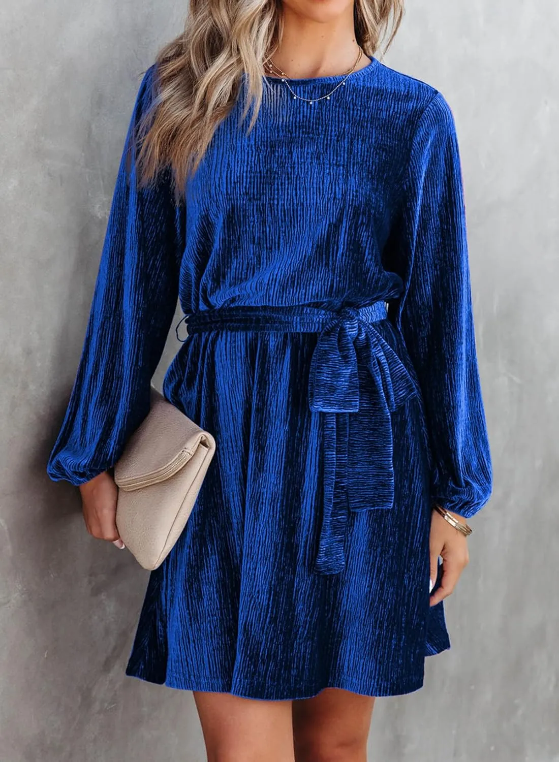 Happy Sailed Women's Velvet Cocktail Dress Spring Fashion Lantern Sleeve High Waist A-Line Skater Party Dresses with Belt