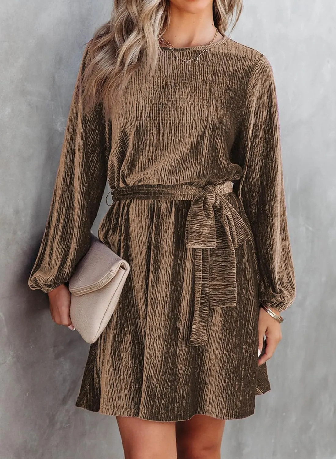 Happy Sailed Women's Velvet Cocktail Dress Spring Fashion Lantern Sleeve High Waist A-Line Skater Party Dresses with Belt