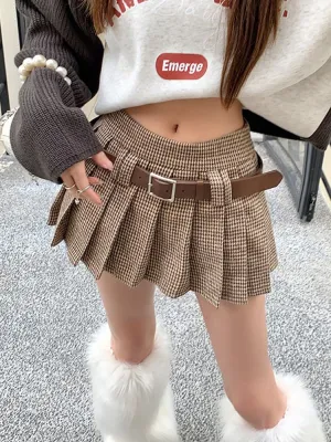 Joskaa hoco dresses Vintage Brown Plaid Skirt Women High Waist Belt Korean Houndstooth A-line Pleated Mini Skirt Preppy Style Fall Outfits 2024